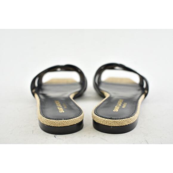 Saint Laurent YSL Tribute Nu Pieds Black Leather Beige Rope Slide Sandal Flat 36 - Picture 11 of 12